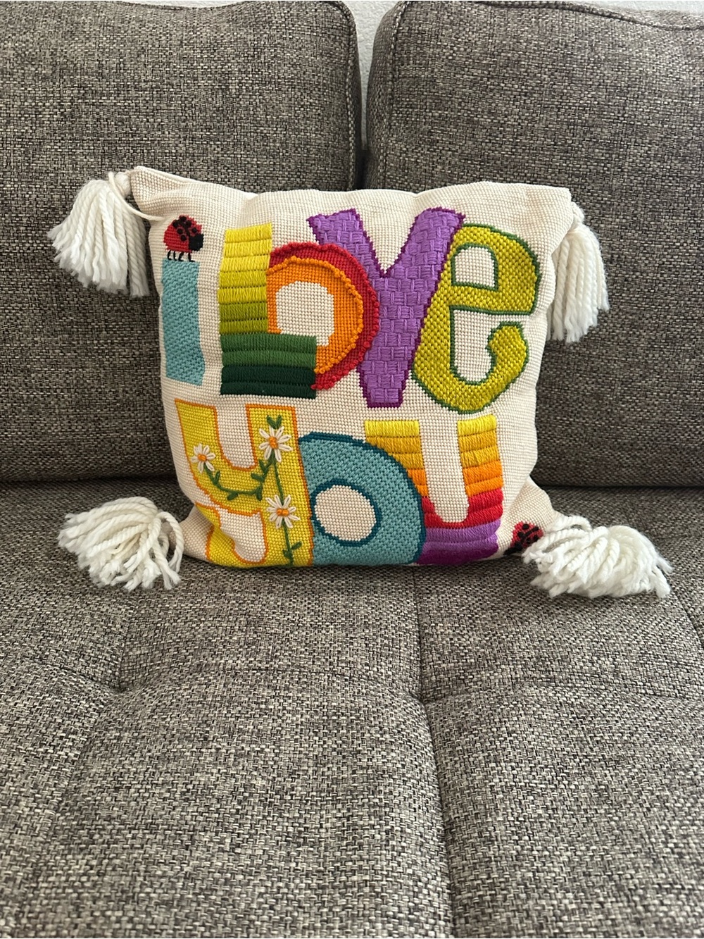 1975 Bohemian 'I Love You' Bright Multicolor Tassel Throw Pillow.
